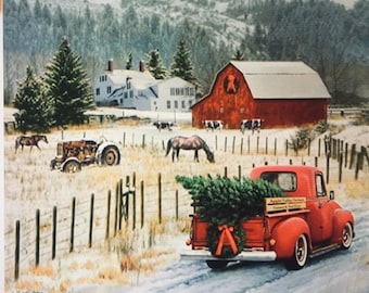 Panneau de tissu rouge camion Cmas Tree en coton Riley Blake, souvenirs de Noël, impression de ferme, écurie de chevaux, tracteur