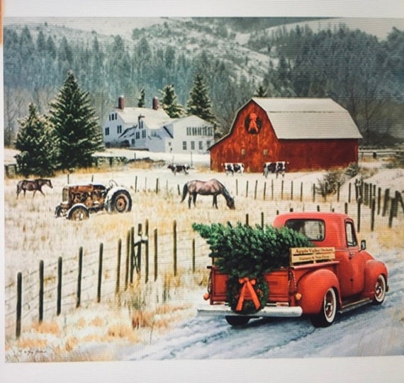 Red Truck Cmas Tree fabric panel cotton Riley Blake christmas memories out of print farm horse barn Tractor