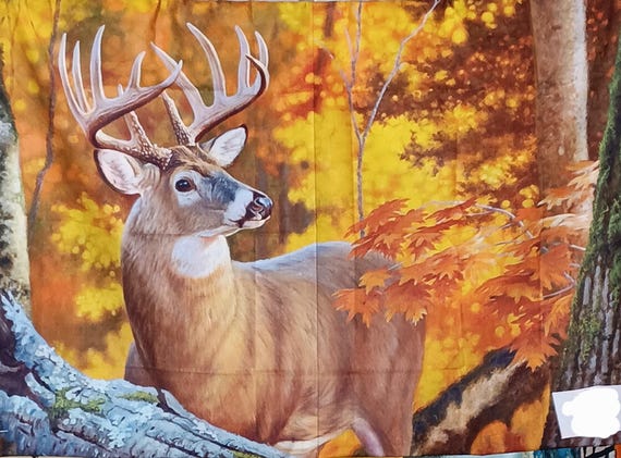 Deer in autumn portrait by Lambson's Wildlife Art 100% cotton fabric panel 35x43