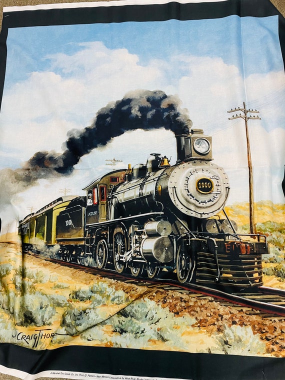 New Mexico Steam engine railroad train fabric panel locomotive Wind River Studio 100% cotton for depot, man cave, quilt