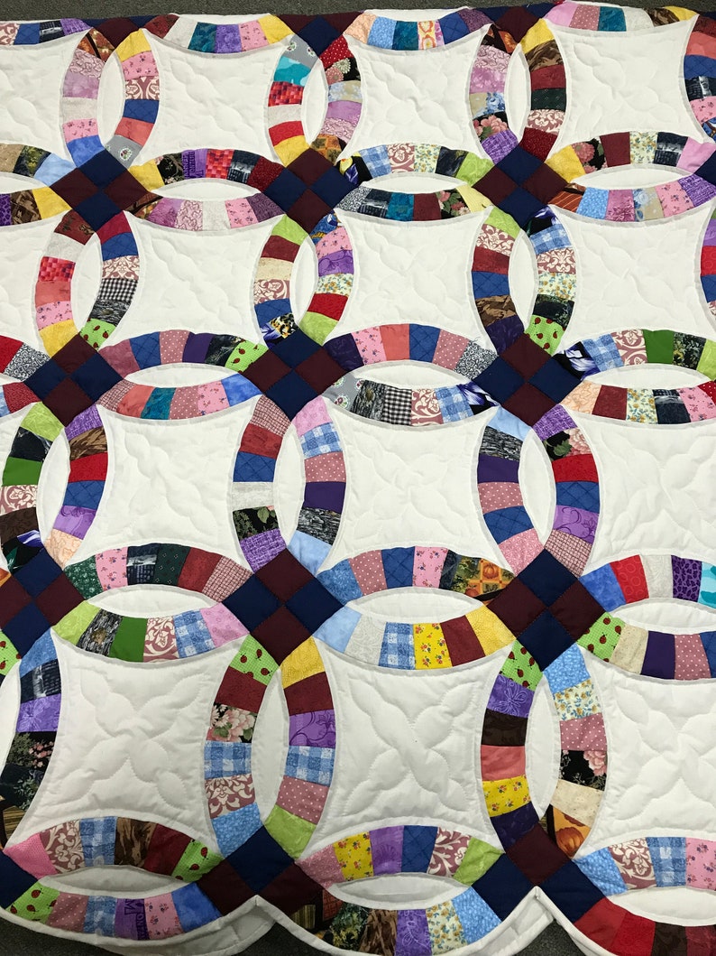 Hand Quilted Double Wedding Ring King Size Quilt Amish Style Etsy