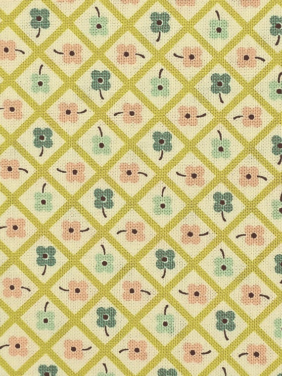 20s 30s Feedsack depression fabric Morning Light by Linzee Kull McCray Moda 23345 pink blue flowers gold lattice all cotton Sold by the yard