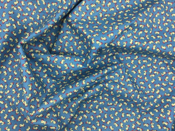 Depression 30s feedsack reproduction yellow ducks on blue 100% cotton fabric, RBD Storytime 30s by Lindsay Wilkes. C15152 Sold by the yard