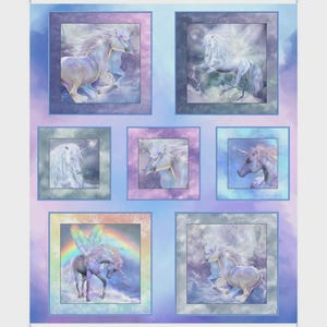 May include: A fabric panel featuring seven square images of unicorns in various poses. The unicorns are depicted with flowing manes and tails, set against a backdrop of clouds and soft colors, including blues, purples, and pinks. Some unicorns have wings and rainbows.