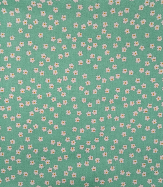 Depression 20s 30s feedsack print 100% cotton fabric. Andover Fabrics Tiny Blooms by Amy Latta Pattern 1495 pink flowers on green background