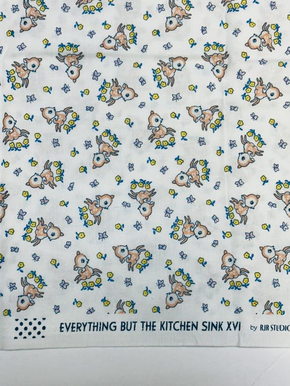 Depression 20s 30s feedsack print 100% cotton RJR Studio Everything but the kitchen sink white fawn baby deer. Sold by the yard.