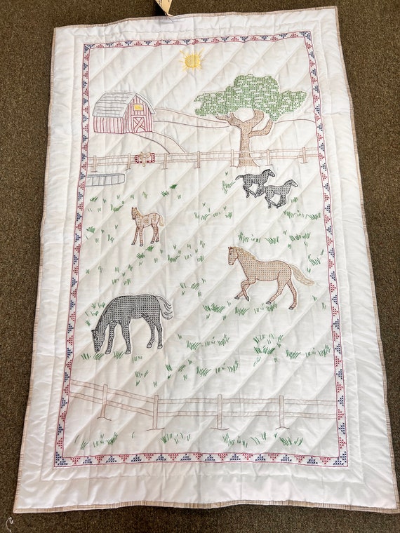 Horse Pasture Baby Quilt lap quilt couch  throw  Handcrafted - Hand Embroidered hand quilted Cotton Heirloom