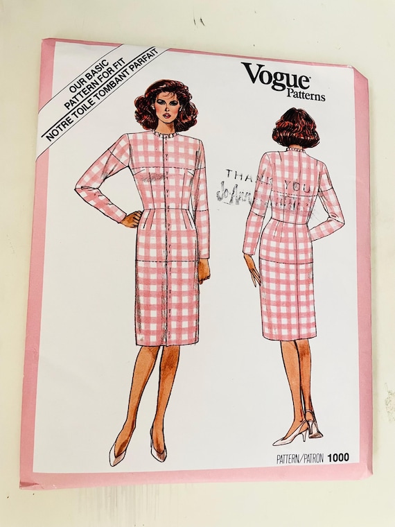 Vogue pattern 1000 size 14 new uncut basic dress jewel neckline fitted bodice straight skirt wrist or long sleeves front opening