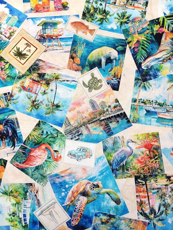 Florida shop hop 2025 Florida Postcards on Cream by Dan Morris for Quilting Treasures 100 % cotton by the yard