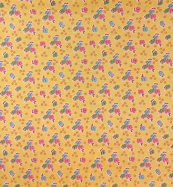 Depression 20s 30s Feedsack print 100% cotton fabric. RBD Pattern C13089 Bee Vintage by Lori Holt,  flowers on yellow. Sold by the yard.
