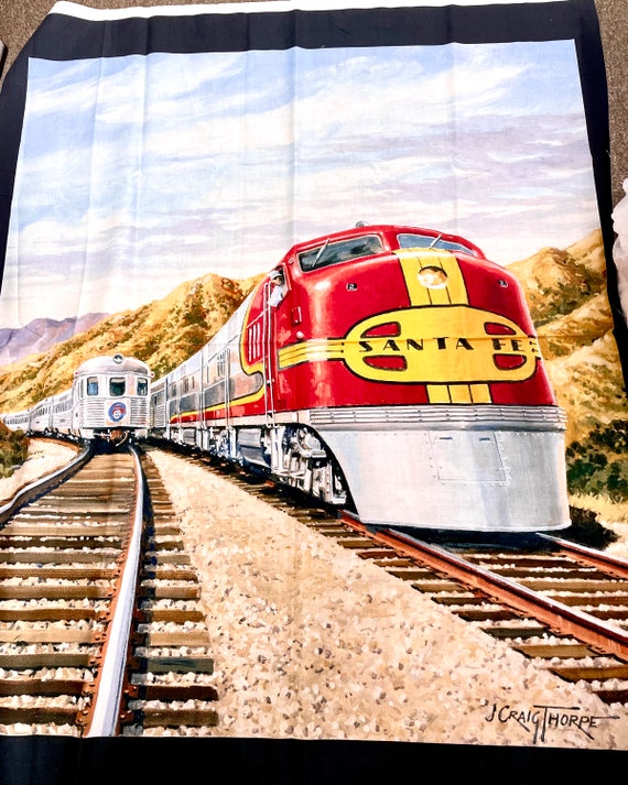 Santa Fe Chief locomotive train diesel Fabric panel Wind River Studio J Craig Thorpe Ansada licensing Cotton fabric panel 36x42