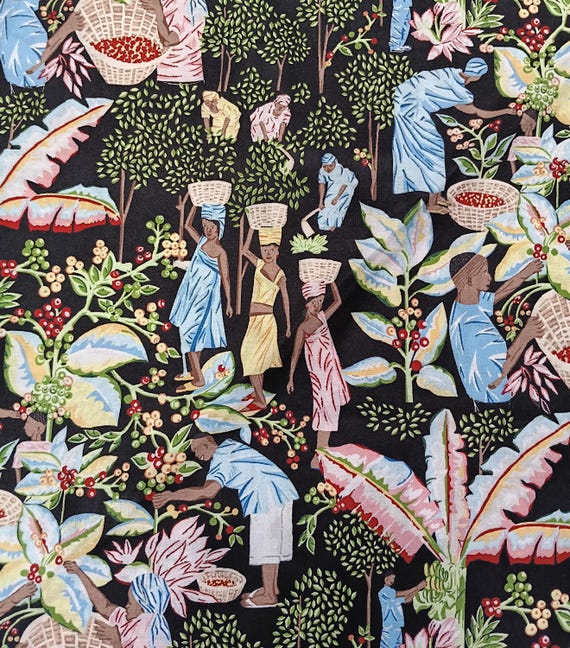 Coffee Cherry Farm Black  background, Dayo African Collection 100% Cotton Sold by the yard
