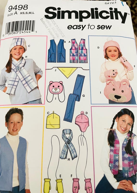 Simplicity 9498 childs vest hats mittens scarf and accessories in 3 sizes 3-16 NEW uncut easy to sew