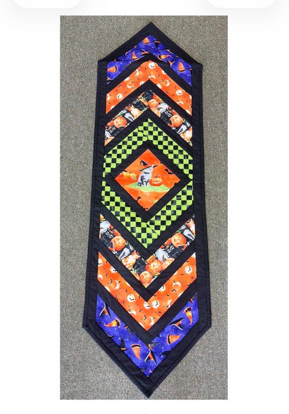 Halloween table runner EASY KIT cat on pumpkin Spooky Tales Wilmington Prints fabric for top, backing, binding and batting   14x45"