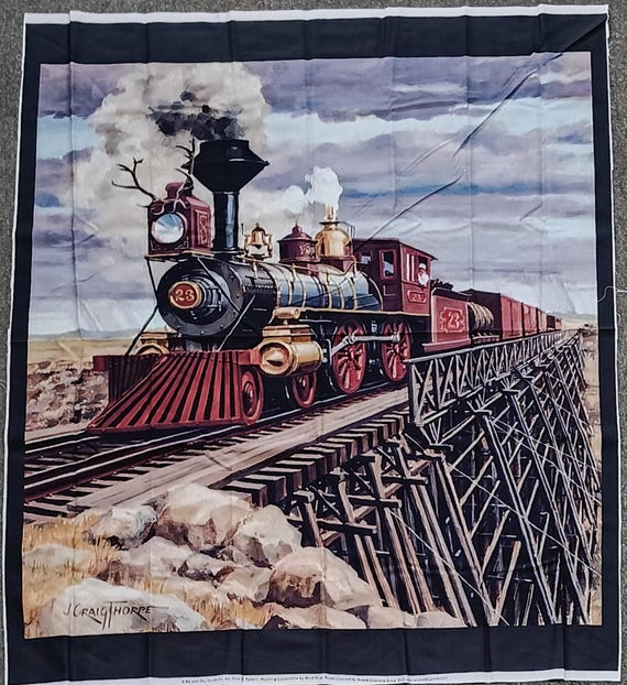 Wyoming locomotive train Fabric panel by Wind River Studio J Craig Thorpe Ansada licensing Cotton fabric panel 36x45