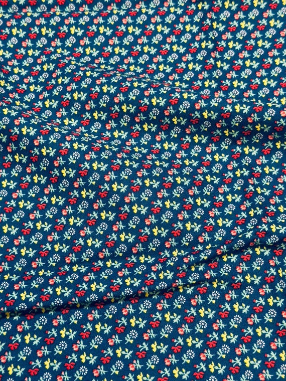 Depression 20s 30s feedsack print 100% cotton RJR Studio E.B.T.K.S XVI “Petal Song” Dark Blue floral fabric. Sold by the yard.