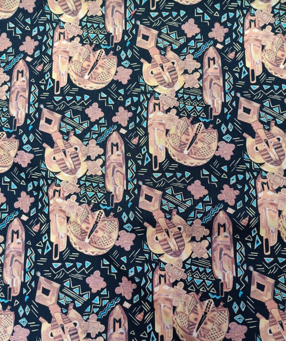 Terra Masks black background, Dayo African Collection 100% Cotton Sold by the yard