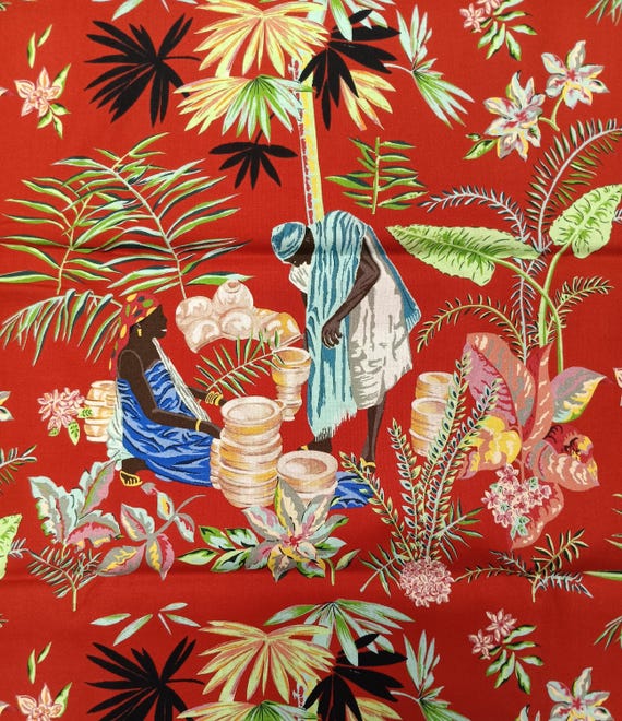 Village Days red background, Dayo African Collection 100% Cotton Sold by the yard