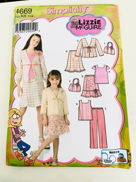 Simplicity 4669 K5 sizes 7-14 Lizzie McGuire design for girls skirt top jacket pants and matching bag new uncut 19 pattern pieces