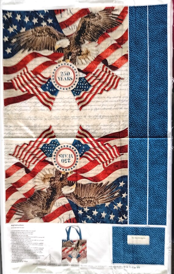 America 250 canvas fabric panel for making a tote bag Bald Eagle