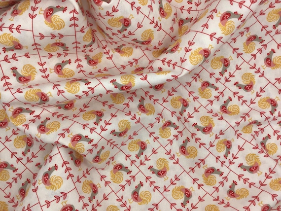 Depression 20s 30s Feedsack print 100% cotton fabric. RBD Pattern C11754 Cookbook by Lori Holt Yellow rooster with red. Sold by the yard.