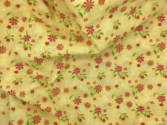 Depression 20s 30s Feedsack print 100% cotton fabric. RBD Here Comes the Sun by Sandy Gervais red floral on yellow. Sold by the yard.