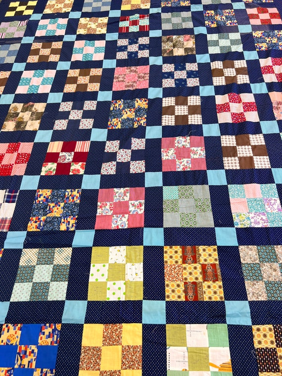 Vintage 1950's Navy Nine Patch Quilt Top - Handmade Patchwork Quilt Top