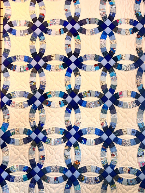 Blue Double Wedding Ring Quilt Handmade Hand Quilted Heirloom