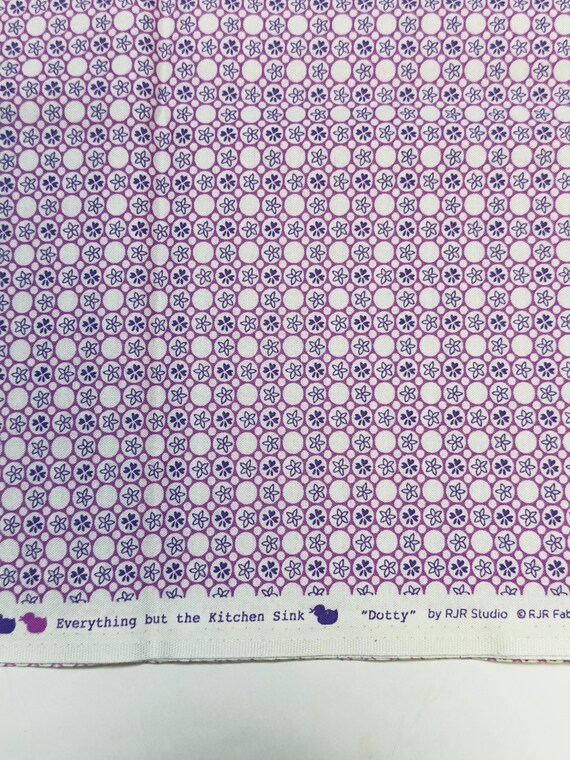 Depression 20s 30s feedsack print 100% cotton RJR Studio Everything but the kitchen sink purple geometric flowers “dotty”. Sold by the yard.
