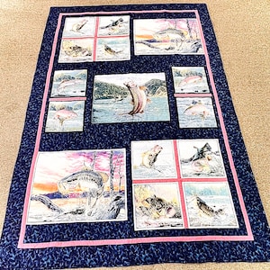 Gone Fishin&#39; Handmade Quilt with Outdoor Fishing Scene for Angler- Mountain Trout & Bass