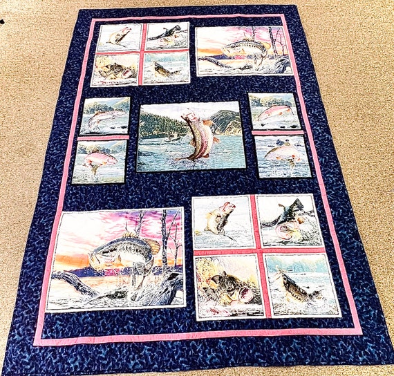 Gone Fishin' Handmade Quilt with Outdoor Fishing Scene for Angler- Mountain Trout & Bass