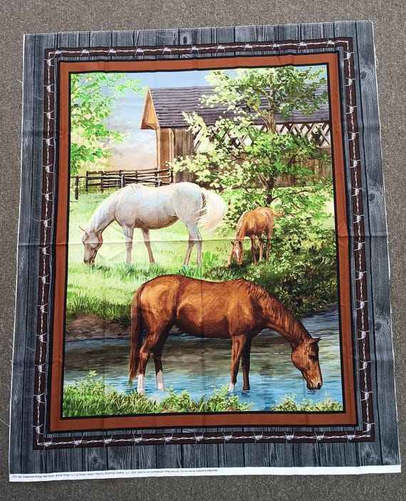 Sweetwater Bridge fabric panel  by Persis Clayton Weirs for Springs Creative, Features horses 100% cotton fabric panel 36"x45"