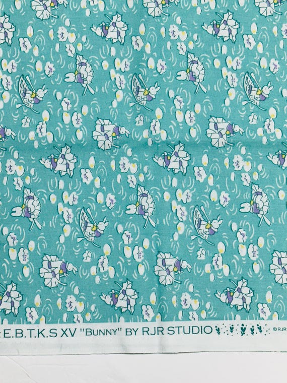 Depression 20s 30s feedsack print 100% cotton RJR Studio E.B.T.K.S XV Teal bunny. Sold by the yard.