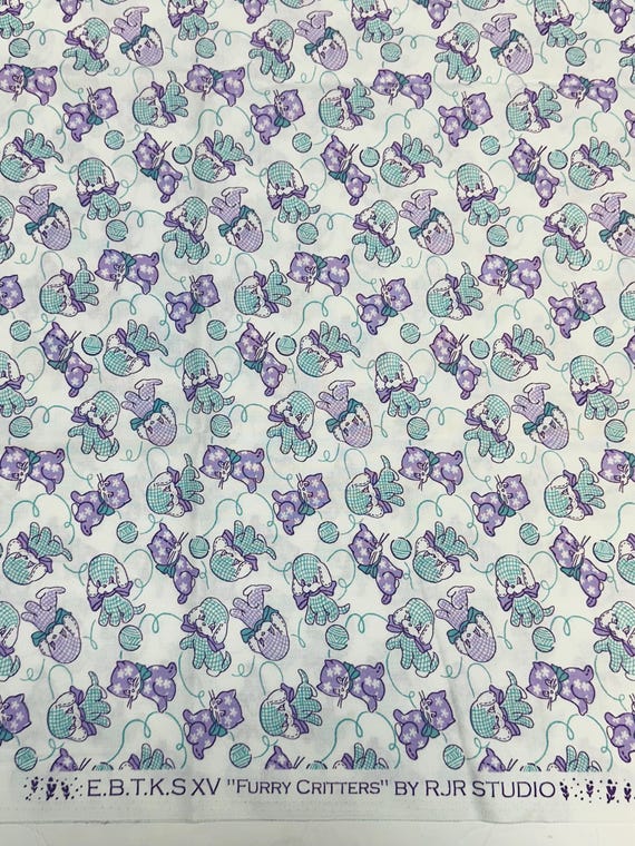 Depression 20s 30s feedsack print 100% cotton E.B.T.K.S XV “Furry Critters” RJR Studios. Teal/purple on white background. Sold by the yard.
