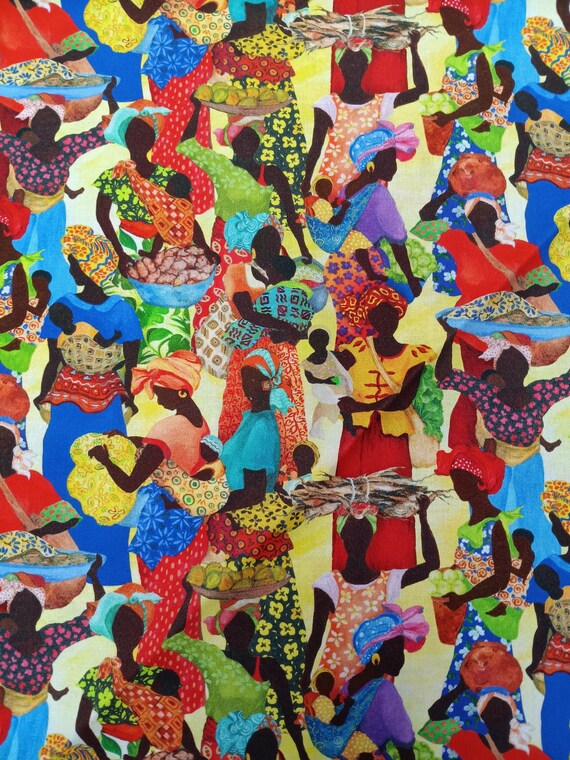 African Story Packed Figures on yellow background by Gwendolyn McShepard for Elizabeth's Studio, African print 100% Cotton Sold by the yard