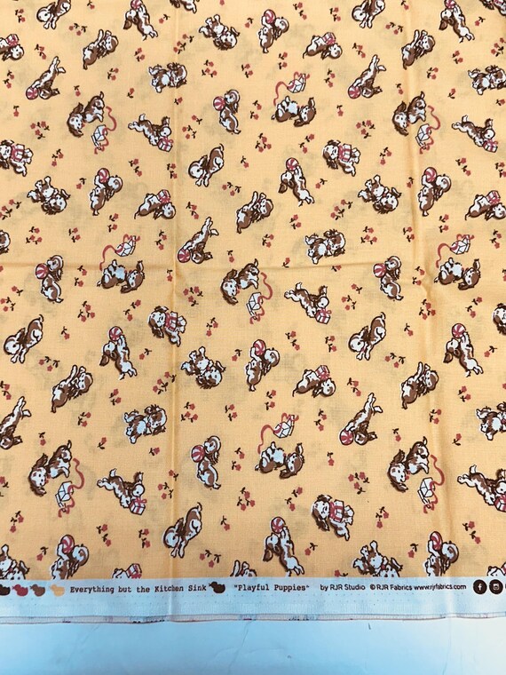 Depression 20s 30s feedsack print 100% cotton RJR Studio Everything but the kitchen sink yellow playful puppy. Sold by the yard.