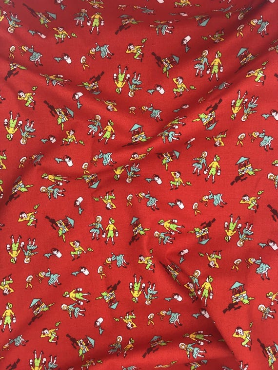 Depression 20s 30s Jack and Jill feedsack print 100% cotton fabric, RBD Storytime 30s red. Sold by the yard