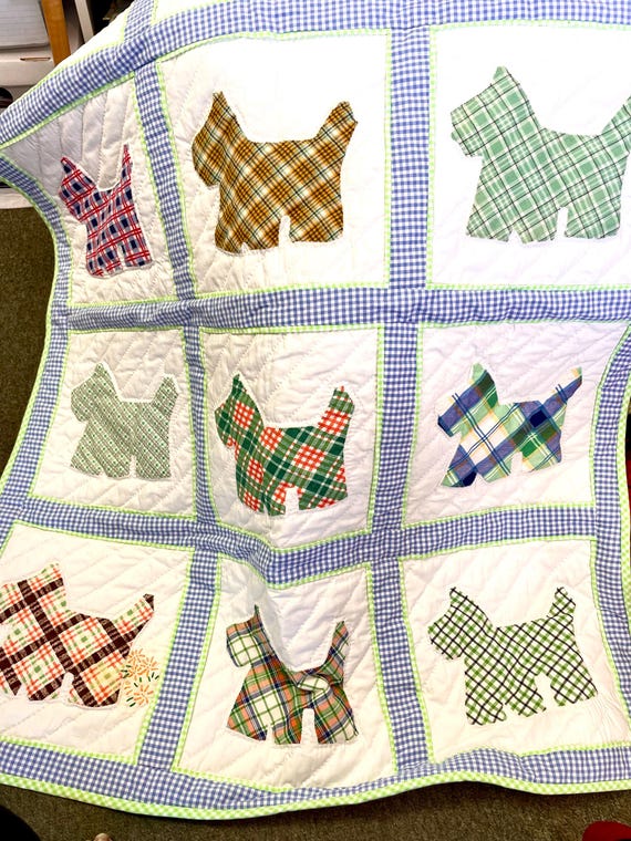 Baby quilt Scottie dogs hand quilted Amish made with Feedsack depression prints cotton machine washable 36x46 crib quilt