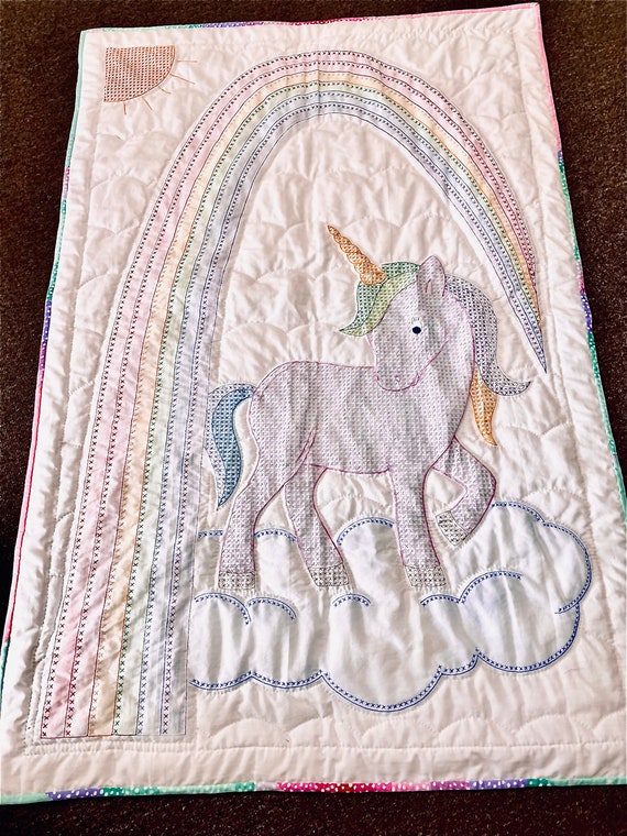 Baby quilt unicorn hand embroidered hand quilted Amish made in USA rainbow