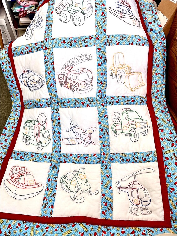 baby crib toddler road crew vehicles quilt hand quilted hand embroidered construction vehicles 38x48 Amish made cotton machine washable