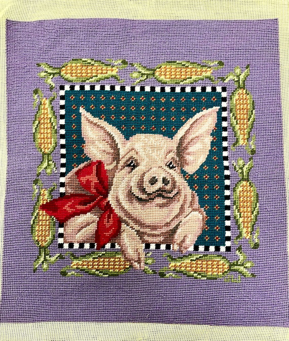 Finished needlepoint pink pig 12 mesh canvas tapestry wool yarn 16x18 rare