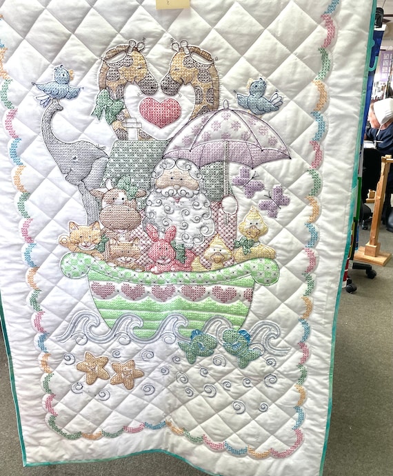 Noah’s Ark crib quilt Amish made in USA Cotton washable hand embroidered hand quilted