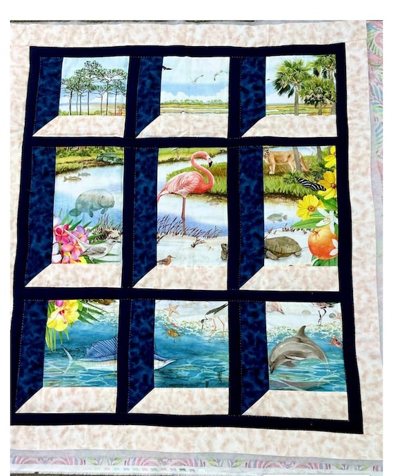 Flamingo Attic Window quilt Kit FL shop hop panel cotton includes fabric for top backing and binding