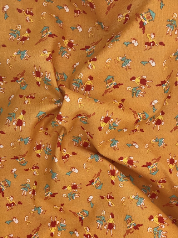Depression 20s 30s Jack and Jill feedsack print 100% cotton fabric, RBD Storytime 30s orange. C13864 Sold by the yard