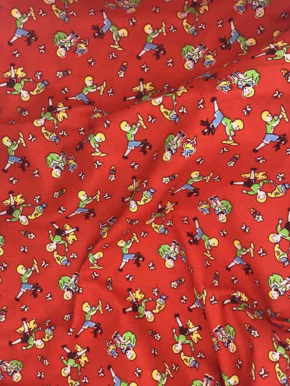Depression 20s 30s feedsack print 100% cotton Windham Fabrics Storybrook 22 Red fabric with children catching butterflies. Sold by the yard.