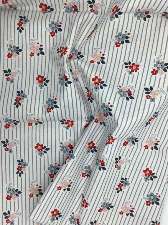Depression 20s 30s Feedsack 100% cotton fabric. RBD Pattern C15274 Vintage Charm by Dani Mogstad white stripe floral. Sold by the yard.