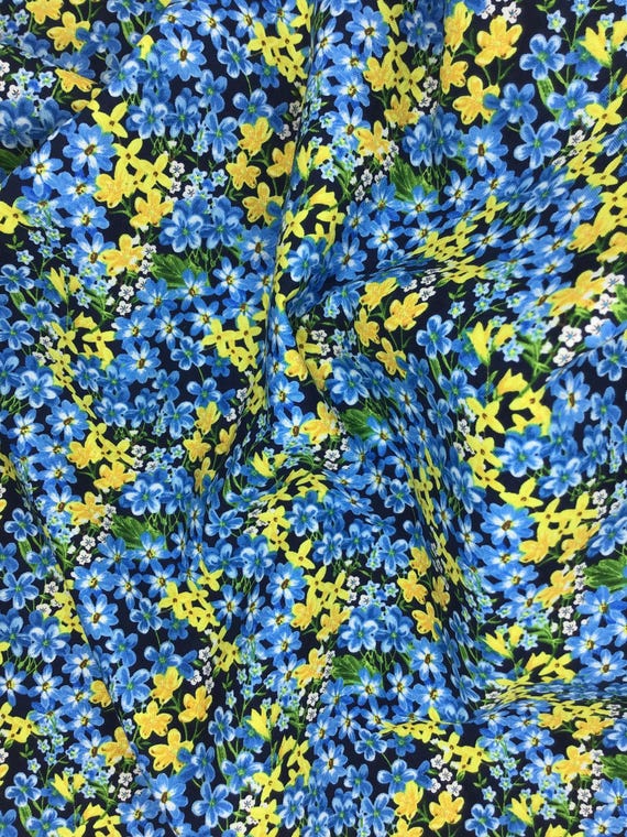 Depression 20s 30s Feedsack print. Floral yellow/blue on dark background 100% cotton. Sold by the yard.