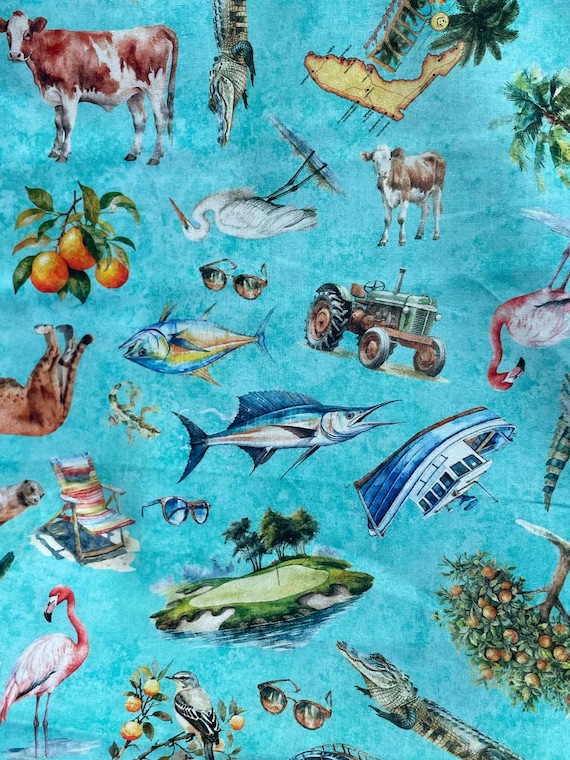 Florida Shop 2025 fabric all over scenic turquoise Florida fauna and flora 109% cotton by the yard
