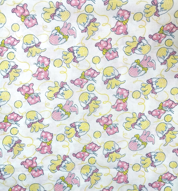 Depression 20s 30s feedsack print 100% cotton E.B.T.K.S XV “Furry Critters” RJR Studios. Pink/Yellow on white background. Sold by the yard.
