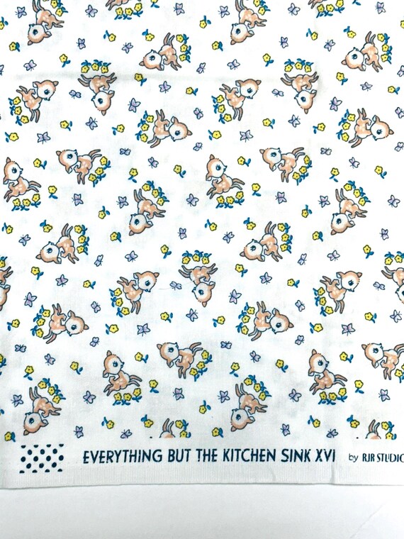 Depression 20s 30s feedsack print 100% cotton RJR Studio Everything but the kitchen sink white fawn baby deer. Sold by the yard.